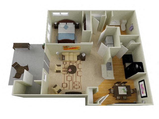 Floor plan for 1 bed, 1 bath, 731 sqft